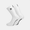 Two white 100% cotton crew socks with cushioned terry soles, featuring a black embroidered stylized '22' logo with white edges near the cuff. Two black stripes are partially visible at the top back side, along with the word 'RELEA2E,' a stylized version of 'release,' in black writing on the soles.#White